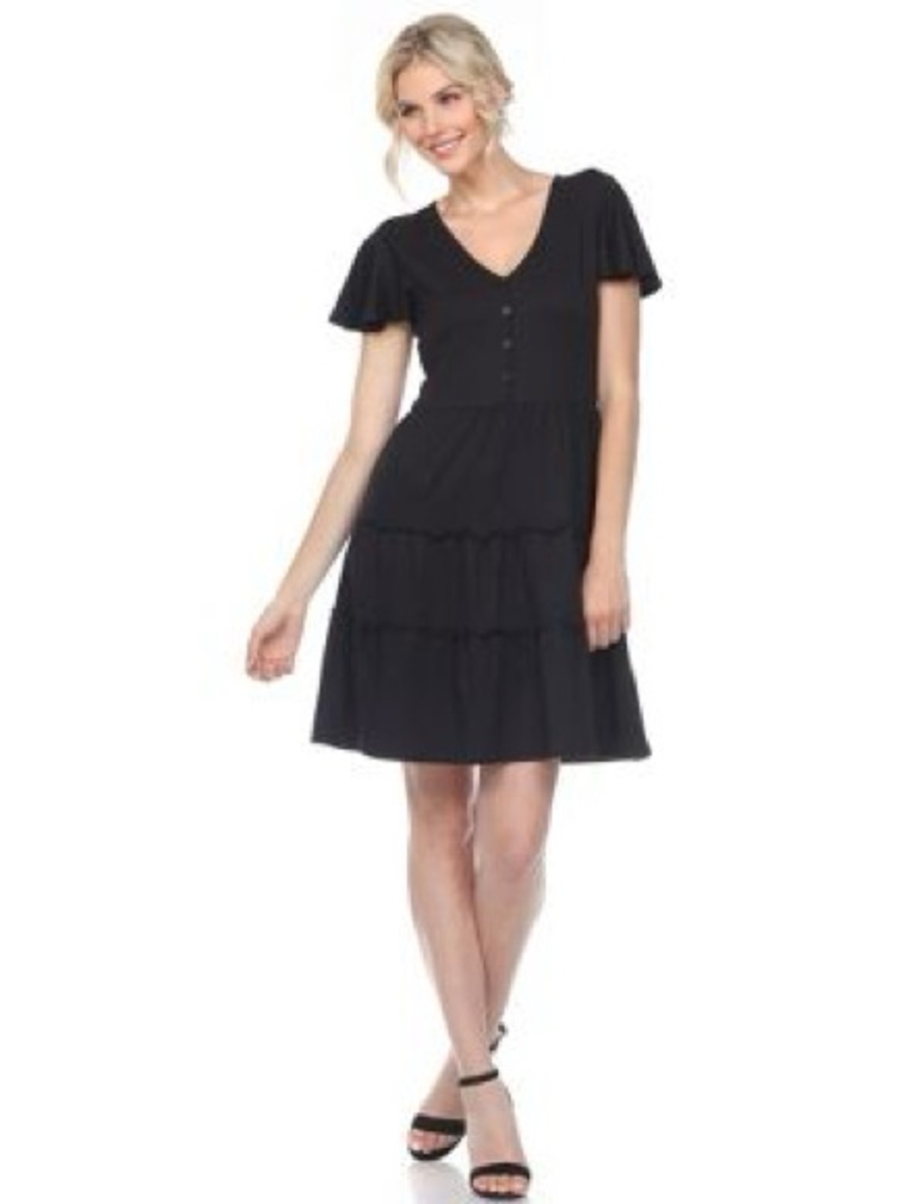 White Mark Women’s  V-Neck Tiered Polyester Blend Dress Black 1X Short Sleeve
